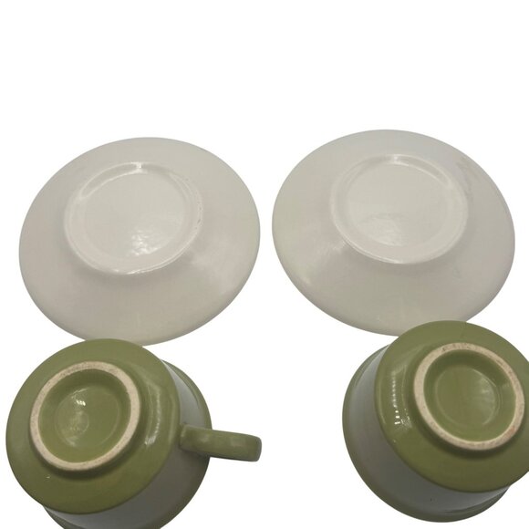 Set Of Two Ceramic Teacups With Matching Saucers Green And White Accent Design - Picture 6 of 6